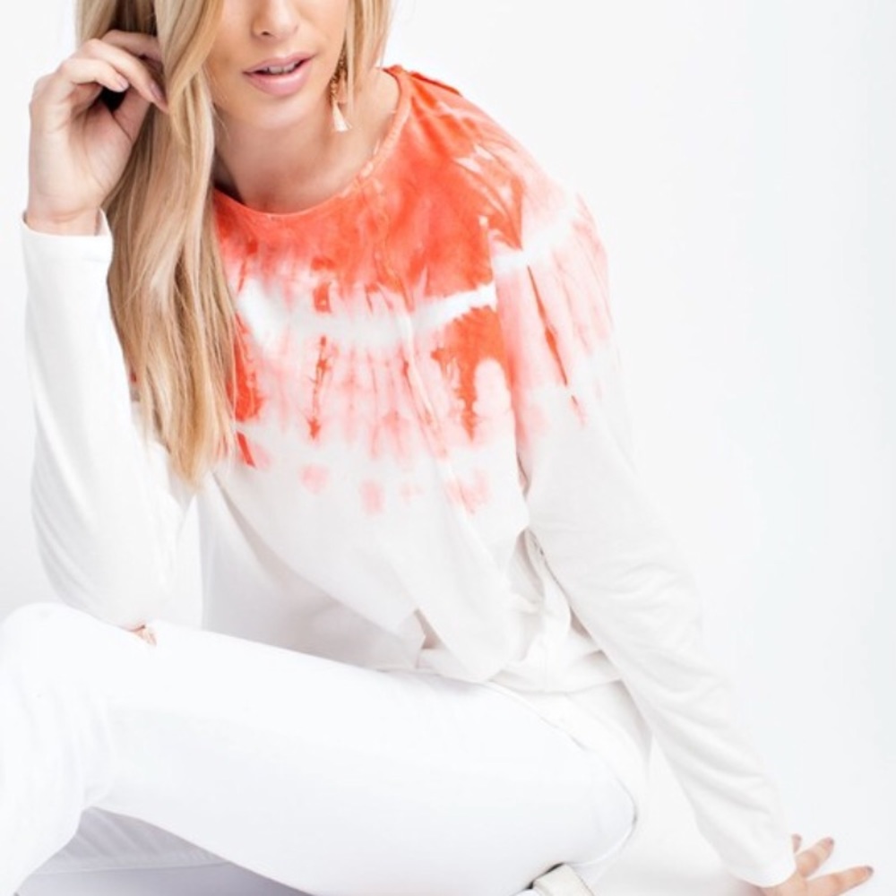 Women’s Tie-Dye Yoke Long Sleeve Top - White & Coral